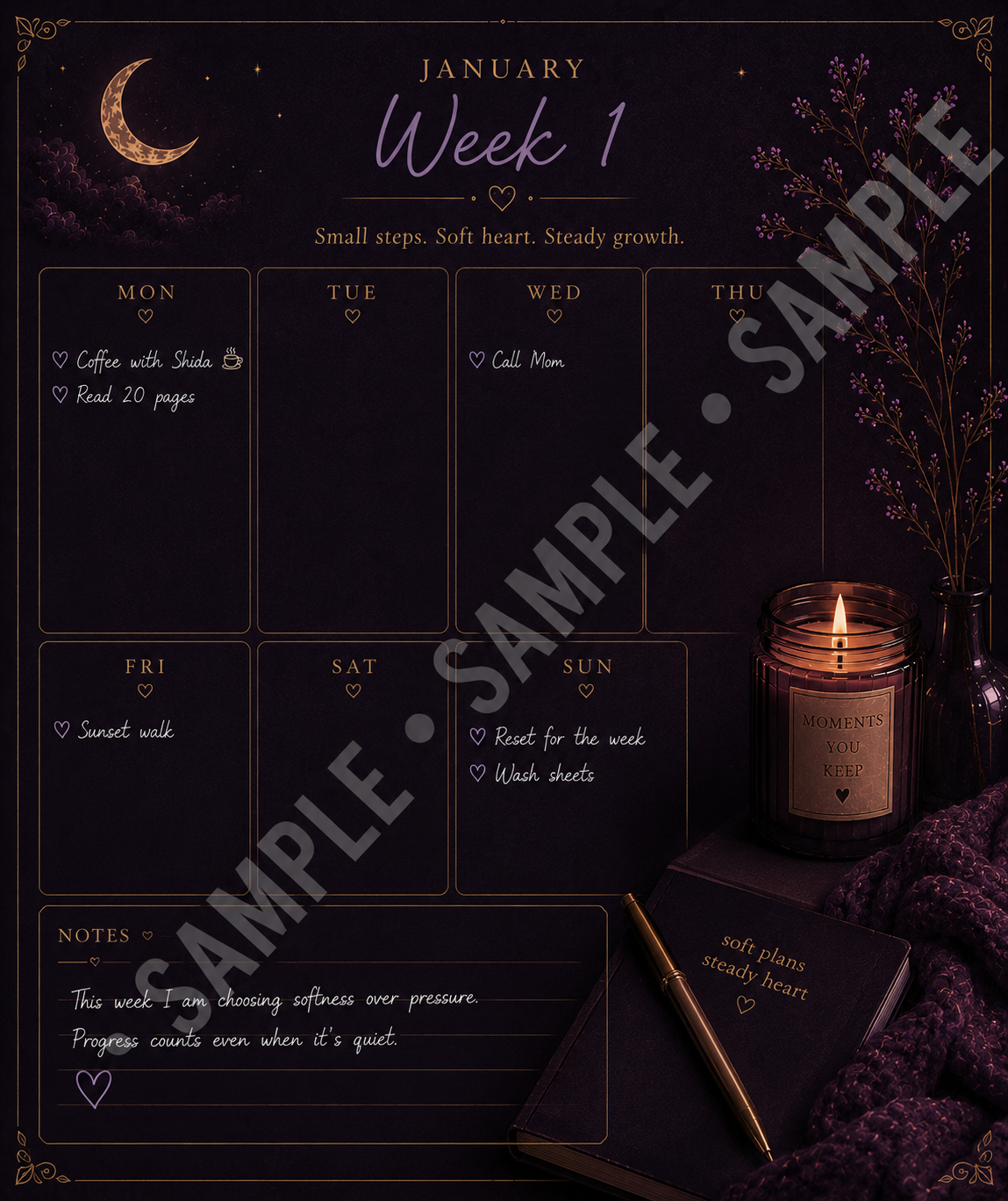 Moments You Keep: Soft Days & Steady Nights — Weekly Calendar